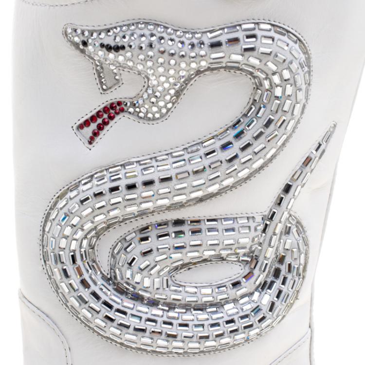 Pre Owned Giuseppe Zanotti White Snake Embellished Leather Guns 55 Cowboy Boots Size 38