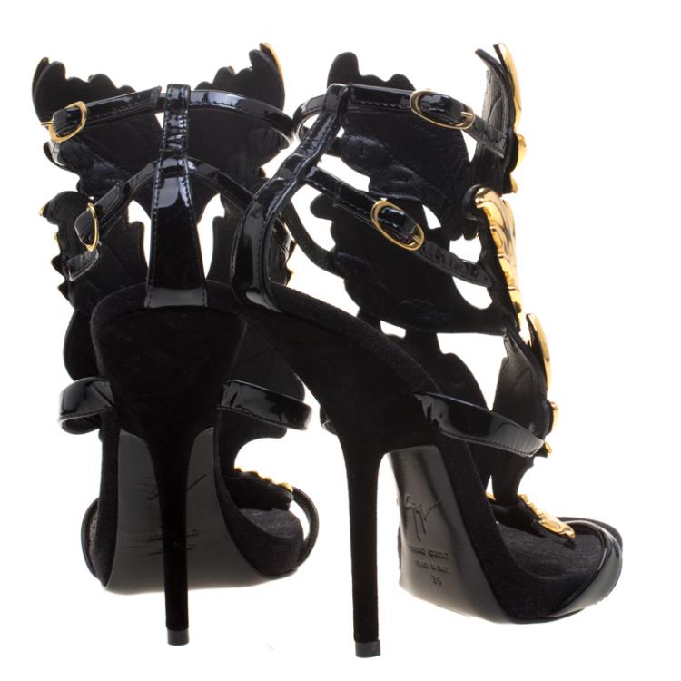 Pre Owned Giuseppe Zanotti Black Patent Leather Argent Metal Wing Embellished Strappy Sandals Size 36
