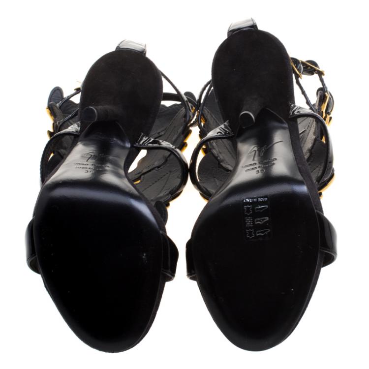 Pre Owned Giuseppe Zanotti Black Patent Leather Argent Metal Wing Embellished Strappy Sandals Size 36