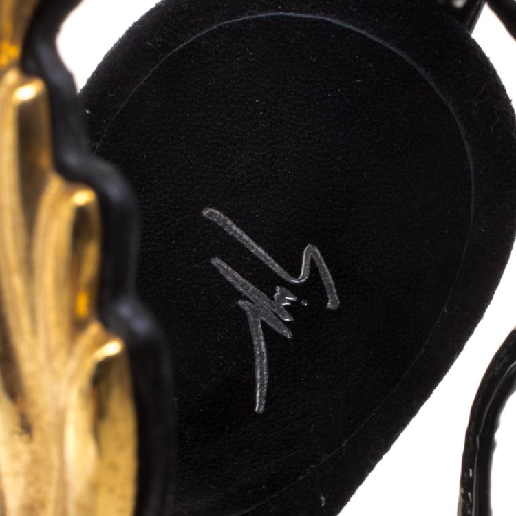 Pre Owned Giuseppe Zanotti Black Patent Leather Argent Metal Wing Embellished Strappy Sandals Size 36