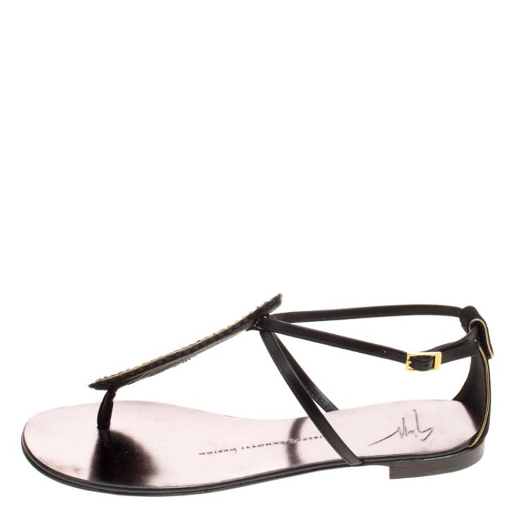 Pre Owned Guiseppe Zanotti Black Crystal Studded Leather Thong Flat Sandals Size 36