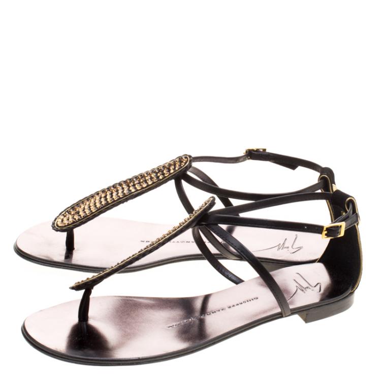 Pre Owned Guiseppe Zanotti Black Crystal Studded Leather Thong Flat Sandals Size 36