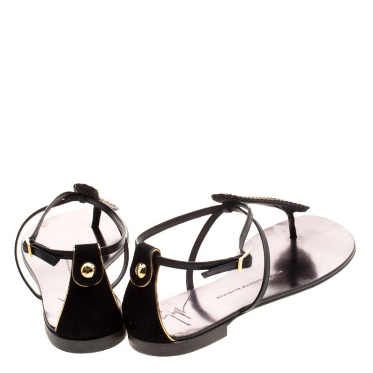 Pre Owned Guiseppe Zanotti Black Crystal Studded Leather Thong Flat Sandals Size 36