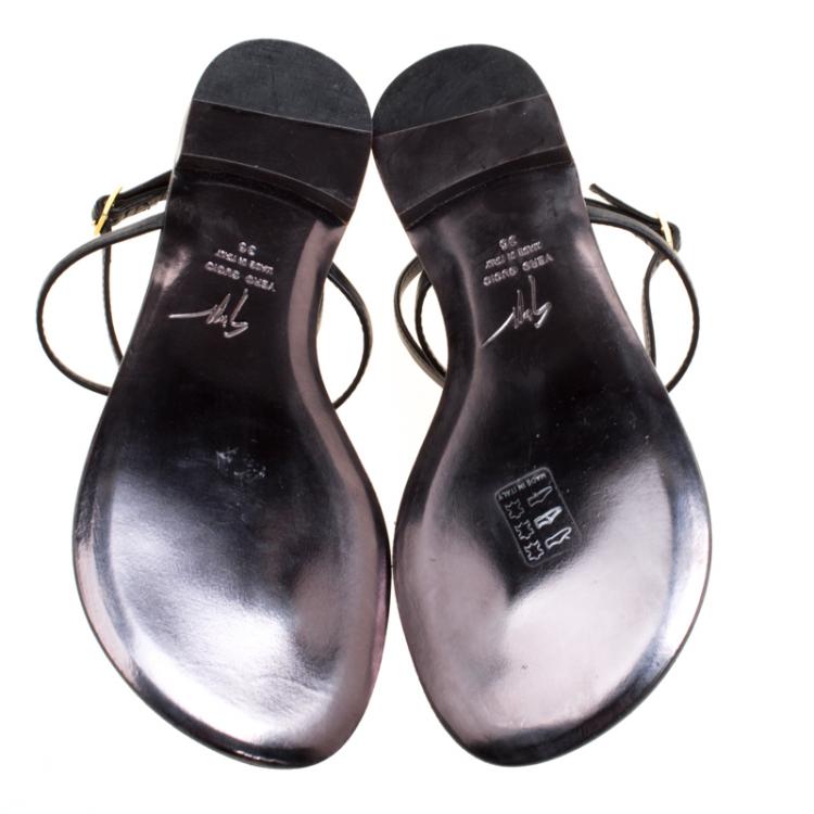 Pre Owned Guiseppe Zanotti Black Crystal Studded Leather Thong Flat Sandals Size 36