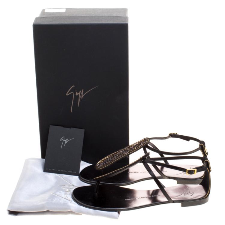 Pre Owned Guiseppe Zanotti Black Crystal Studded Leather Thong Flat Sandals Size 36