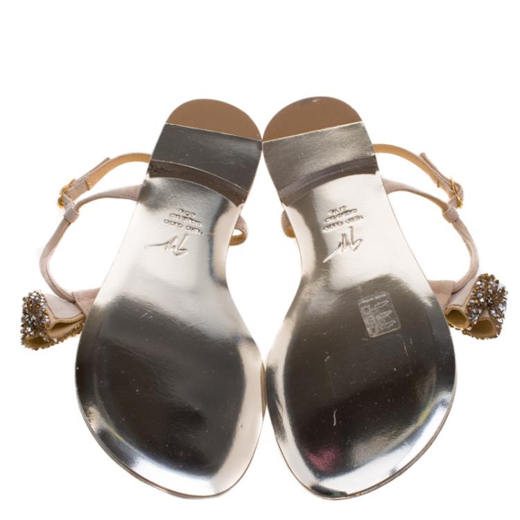 Pre Owned Giuseppe Zanotti Beige Suede Rock Crystal Embellished Bow Flat Thong Sandals Size 40.5