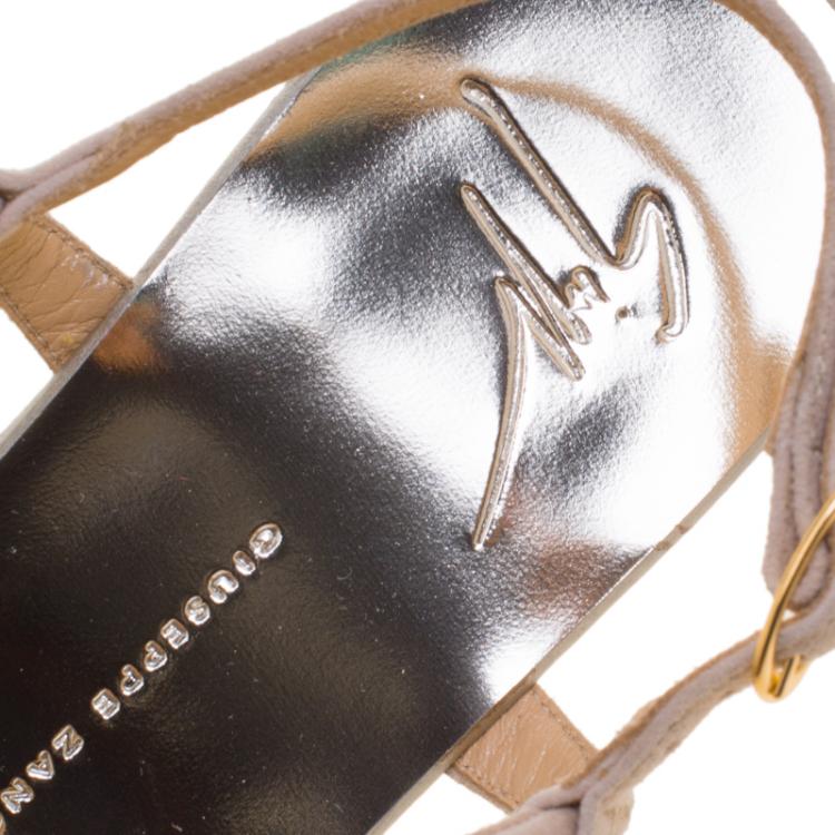 Pre Owned Giuseppe Zanotti Beige Suede Rock Crystal Embellished Bow Flat Thong Sandals Size 40.5