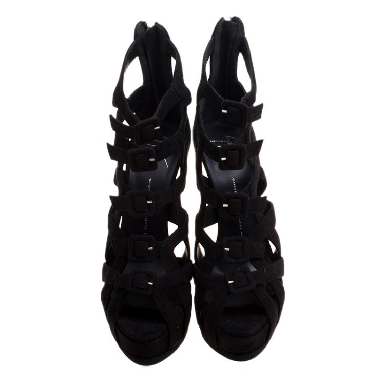 مملوكة مسبقًا Giuseppe Zanotti Black Suede Caged Platform Sandals Size 40