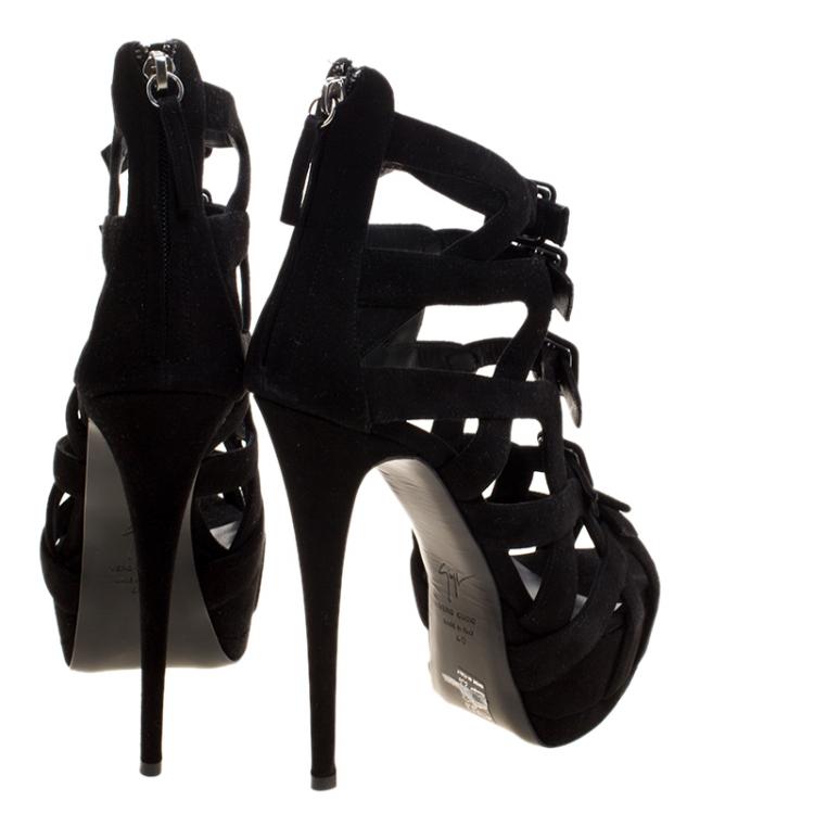 مملوكة مسبقًا Giuseppe Zanotti Black Suede Caged Platform Sandals Size 40
