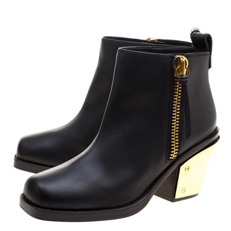 Pre Owned Giuseppe Zanotti Black Leather Gold Block Heel Ankle Boots Size 40