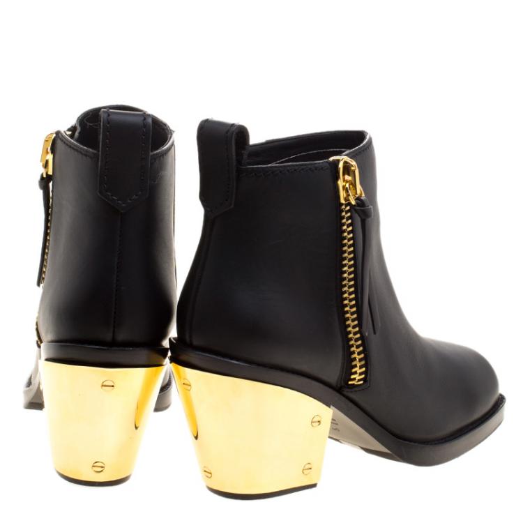 Pre Owned Giuseppe Zanotti Black Leather Gold Block Heel Ankle Boots Size 40