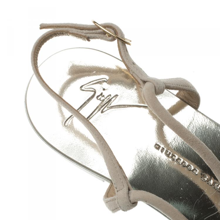 Pre Owned Giuseppe Zanotti Beige Suede Rock Crystal Embellished Bow Flat Thong Sandals Size 40