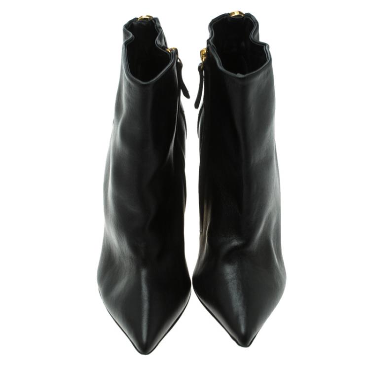 Pre Owned Giuseppe Zanotti Black Leather Shark Tooth Pointed Toe Block Heel Ankle Boots Size 38 