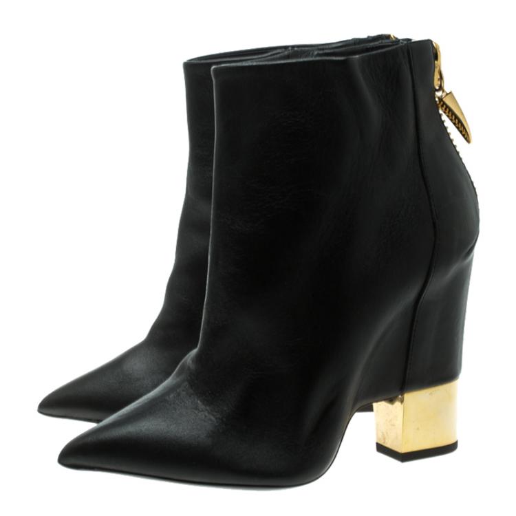 Pre Owned Giuseppe Zanotti Black Leather Shark Tooth Pointed Toe Block Heel Ankle Boots Size 38 