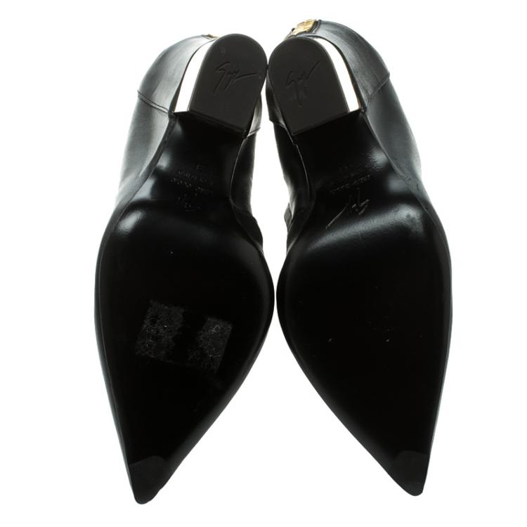 Pre Owned Giuseppe Zanotti Black Leather Shark Tooth Pointed Toe Block Heel Ankle Boots Size 38 
