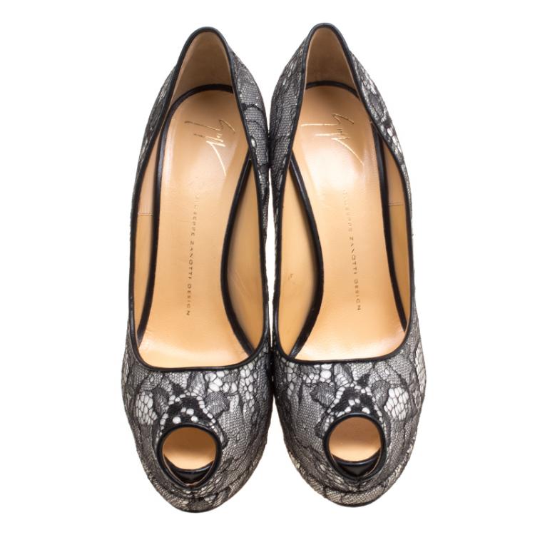 Pre Owned Giuseppe Zanotti Monochrome Lace Peep Toe Platform Pumps Size 41