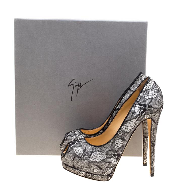 Pre Owned Giuseppe Zanotti Monochrome Lace Peep Toe Platform Pumps Size 41