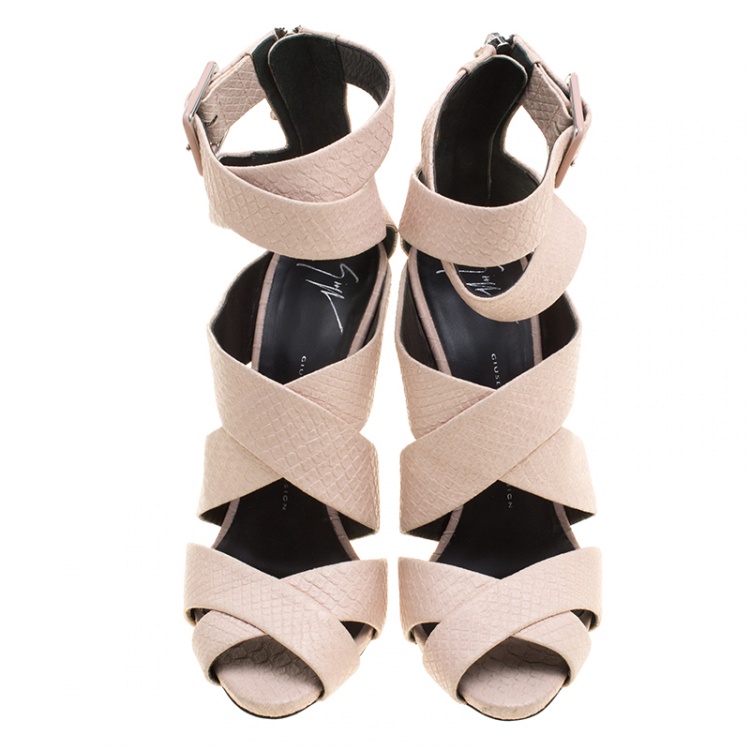 Pre Owned Giuseppe Zanotti Blush Pink Python Embossed Leather Strappy Sandals Size 40