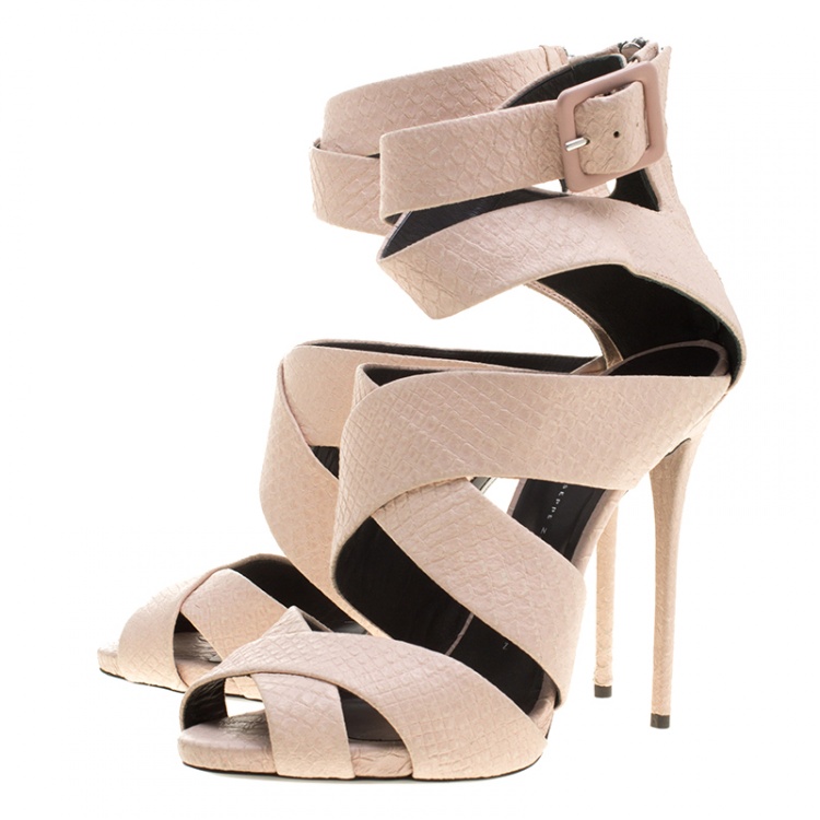Pre Owned Giuseppe Zanotti Blush Pink Python Embossed Leather Strappy Sandals Size 40