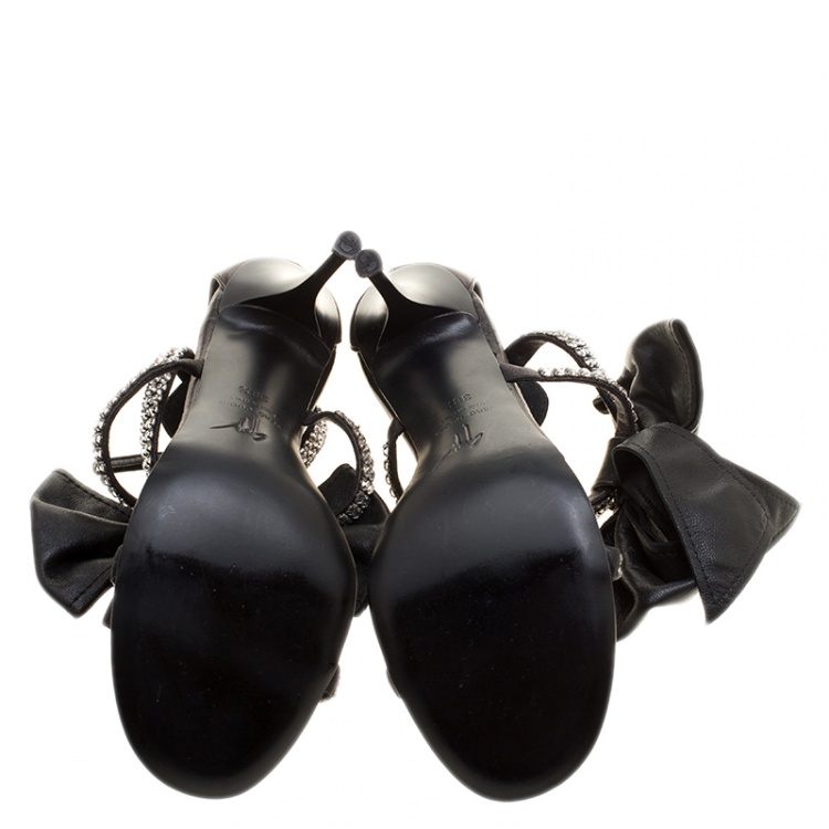 Pre Owned Giuseppe Zanotti Black Crystal Embellished Strappy Leather Bow Detail Ankle Strap Sandals Size 38.5