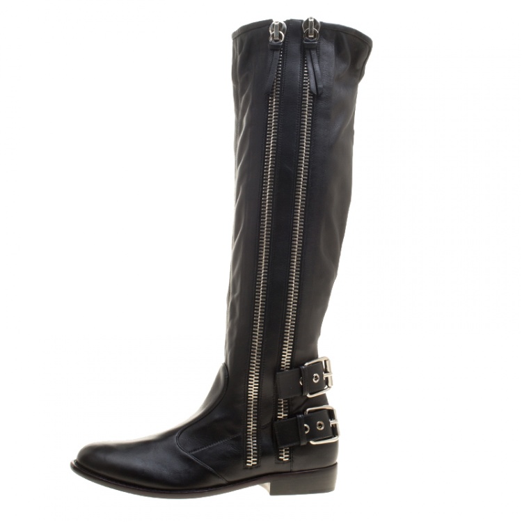 Pre Owned Giuseppe Zanotti Black Leather Zip Trimmed Cobain Knee Boots Size 41