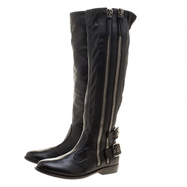 Pre Owned Giuseppe Zanotti Black Leather Zip Trimmed Cobain Knee Boots Size 41