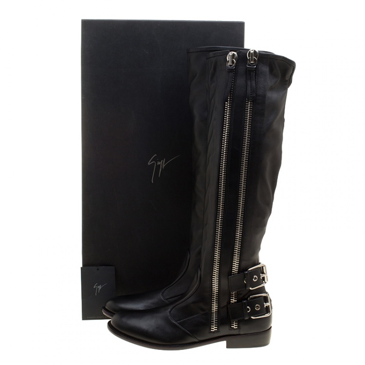 Pre Owned Giuseppe Zanotti Black Leather Zip Trimmed Cobain Knee Boots Size 41