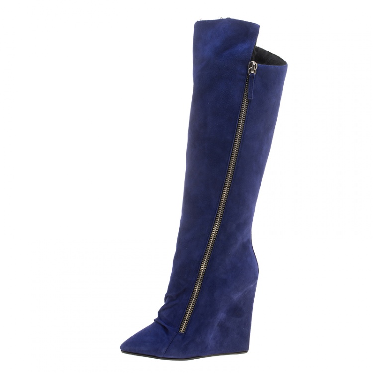 مملوكة مسبقًا  Giuseppe Zanotti Blue Suede Guaz Fur Lined Wedge Knee Boots Size 38
