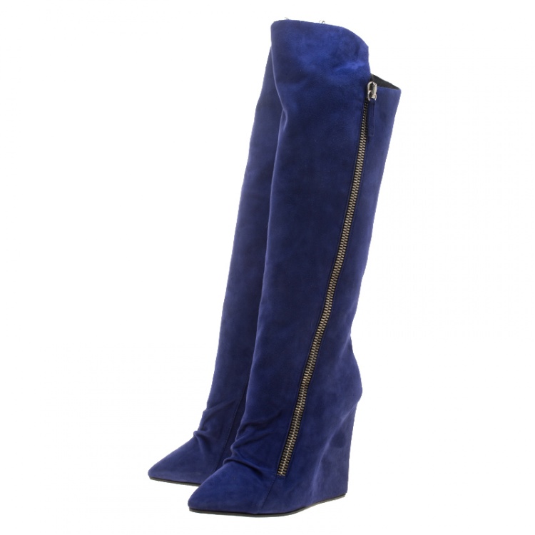 مملوكة مسبقًا  Giuseppe Zanotti Blue Suede Guaz Fur Lined Wedge Knee Boots Size 38
