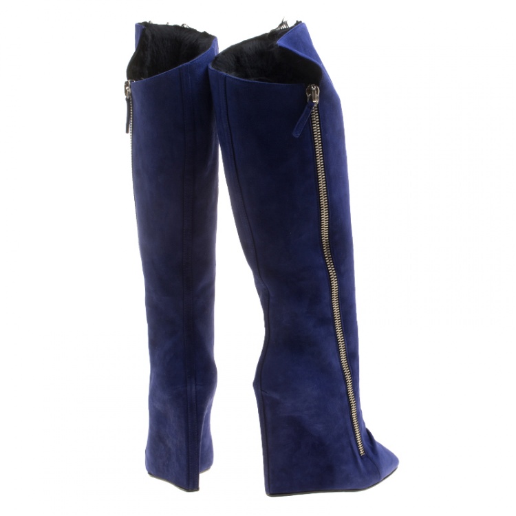 مملوكة مسبقًا  Giuseppe Zanotti Blue Suede Guaz Fur Lined Wedge Knee Boots Size 38