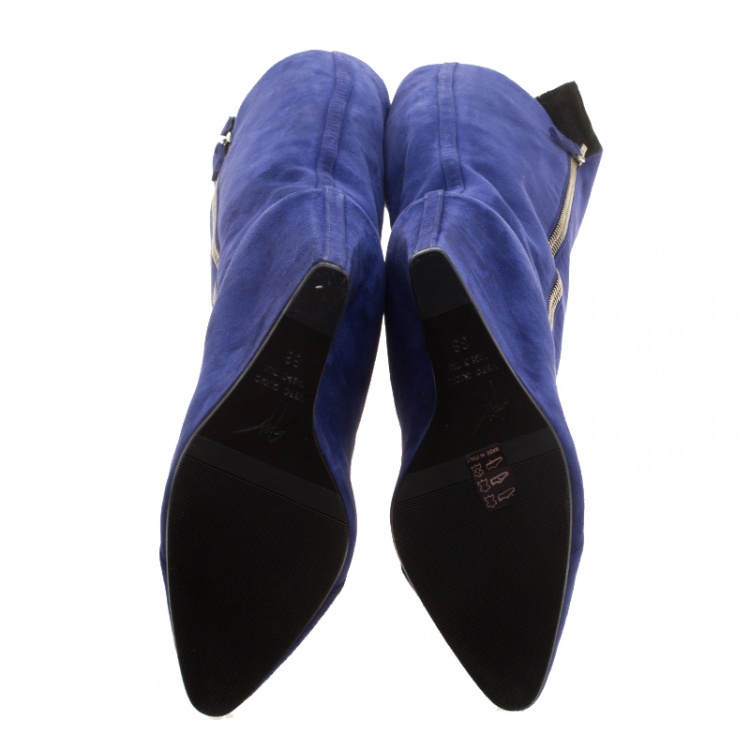 مملوكة مسبقًا  Giuseppe Zanotti Blue Suede Guaz Fur Lined Wedge Knee Boots Size 38