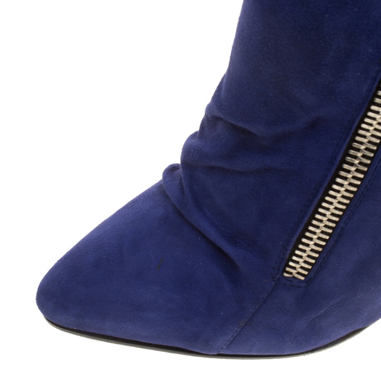 مملوكة مسبقًا  Giuseppe Zanotti Blue Suede Guaz Fur Lined Wedge Knee Boots Size 38