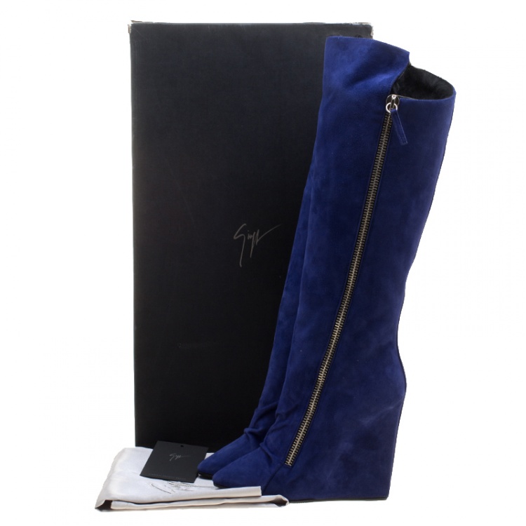 مملوكة مسبقًا  Giuseppe Zanotti Blue Suede Guaz Fur Lined Wedge Knee Boots Size 38