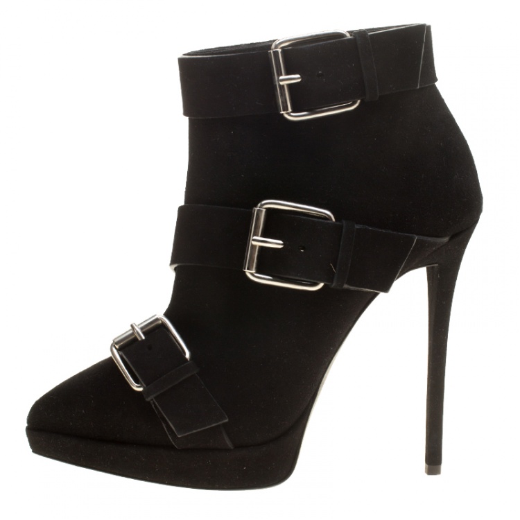Pre Owned Giuseppe Zanotti Black Buckled Suede Platform Ankle Boots Size 39