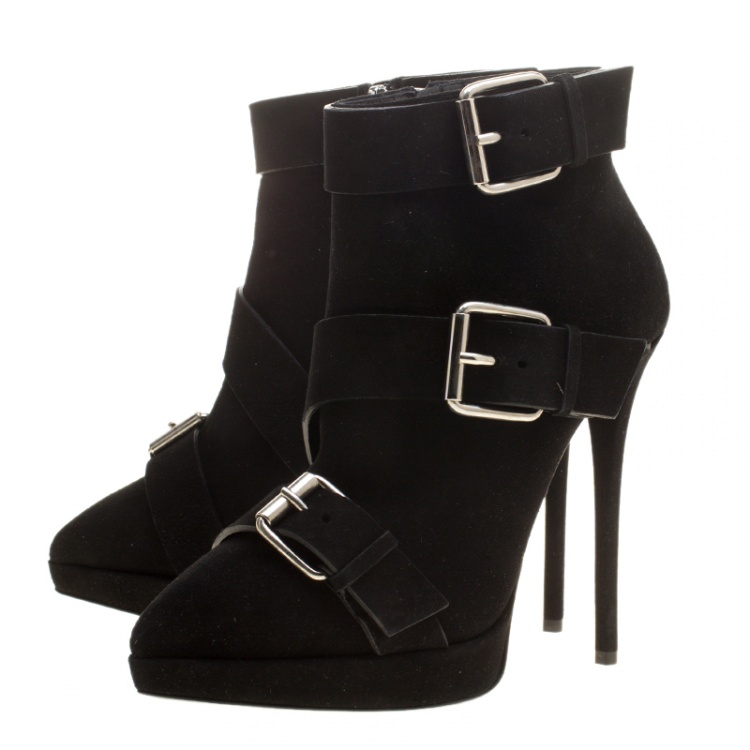 Pre Owned Giuseppe Zanotti Black Buckled Suede Platform Ankle Boots Size 39