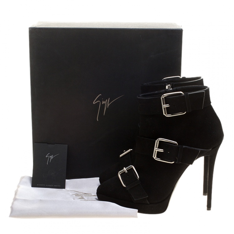 Pre Owned Giuseppe Zanotti Black Buckled Suede Platform Ankle Boots Size 39