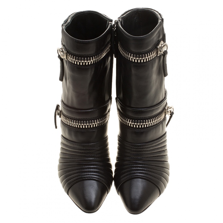 Pre Owned Giuseppe Zanotti Black Quilted Leather Double Zip Accent Boots Size 39