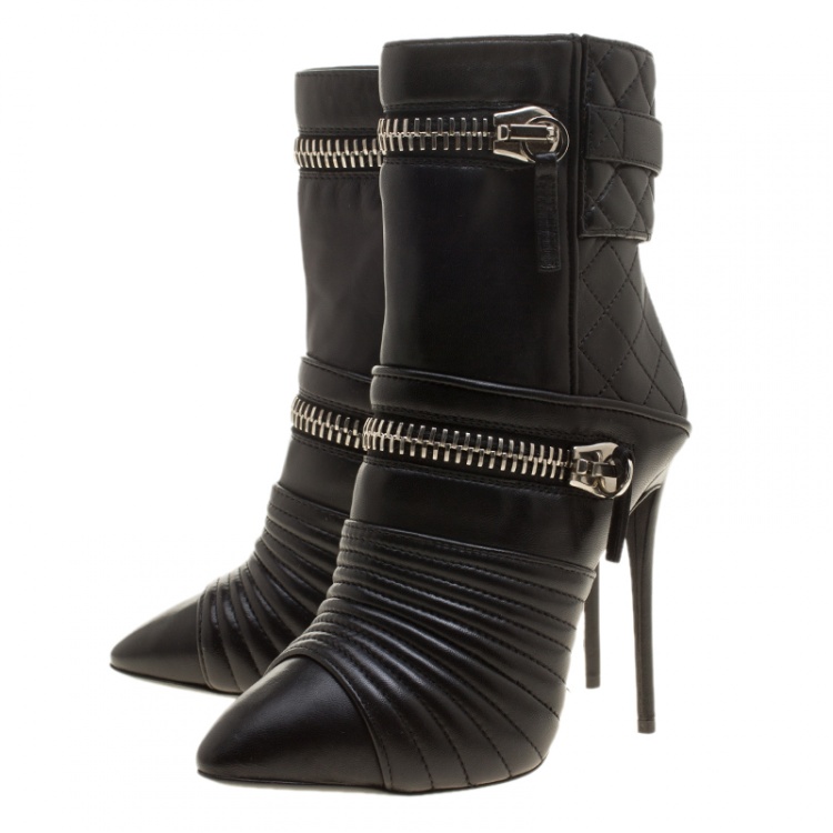Pre Owned Giuseppe Zanotti Black Quilted Leather Double Zip Accent Boots Size 39