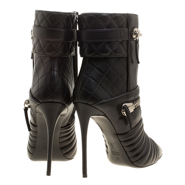 Pre Owned Giuseppe Zanotti Black Quilted Leather Double Zip Accent Boots Size 39