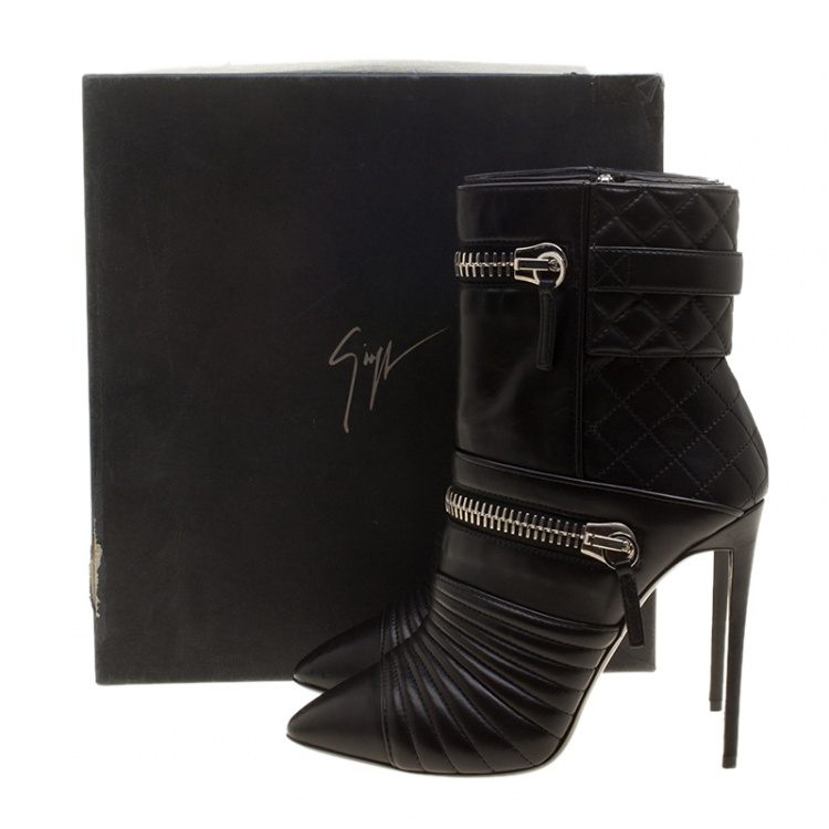 Pre Owned Giuseppe Zanotti Black Quilted Leather Double Zip Accent Boots Size 39
