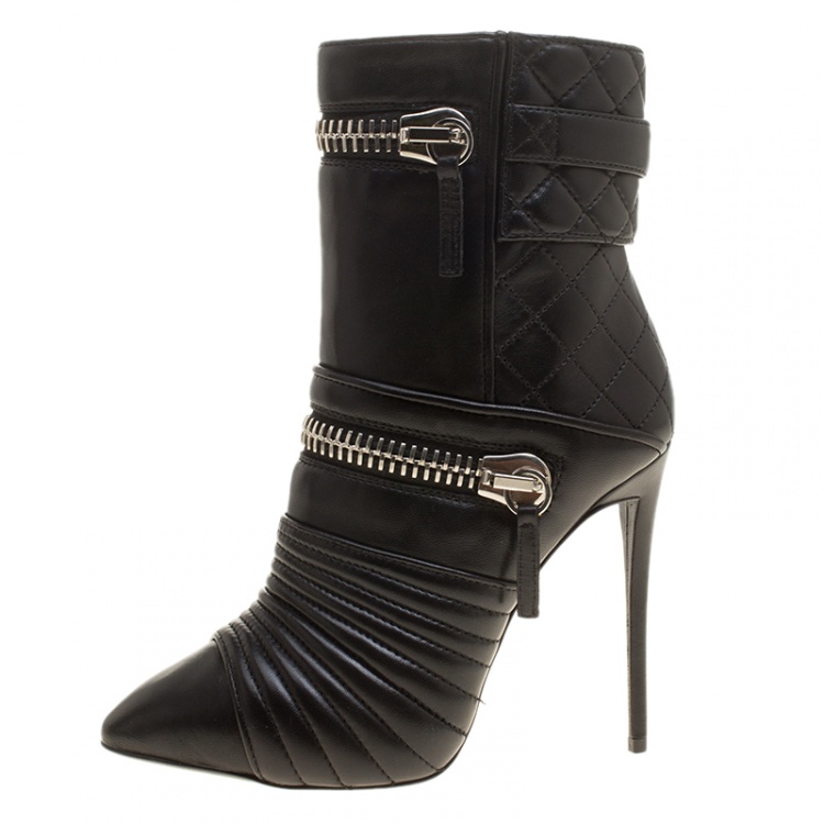 Pre Owned Giuseppe Zanotti Black Quilted Leather Double Zip Accent Boots Size 35