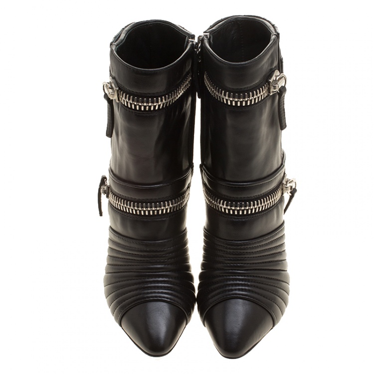Pre Owned Giuseppe Zanotti Black Quilted Leather Double Zip Accent Boots Size 35