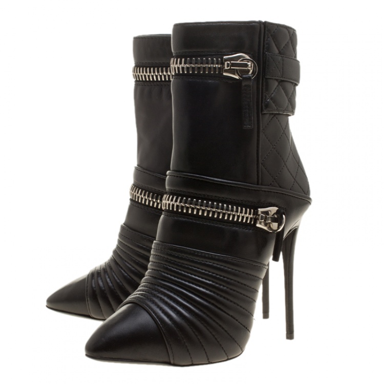 Pre Owned Giuseppe Zanotti Black Quilted Leather Double Zip Accent Boots Size 35