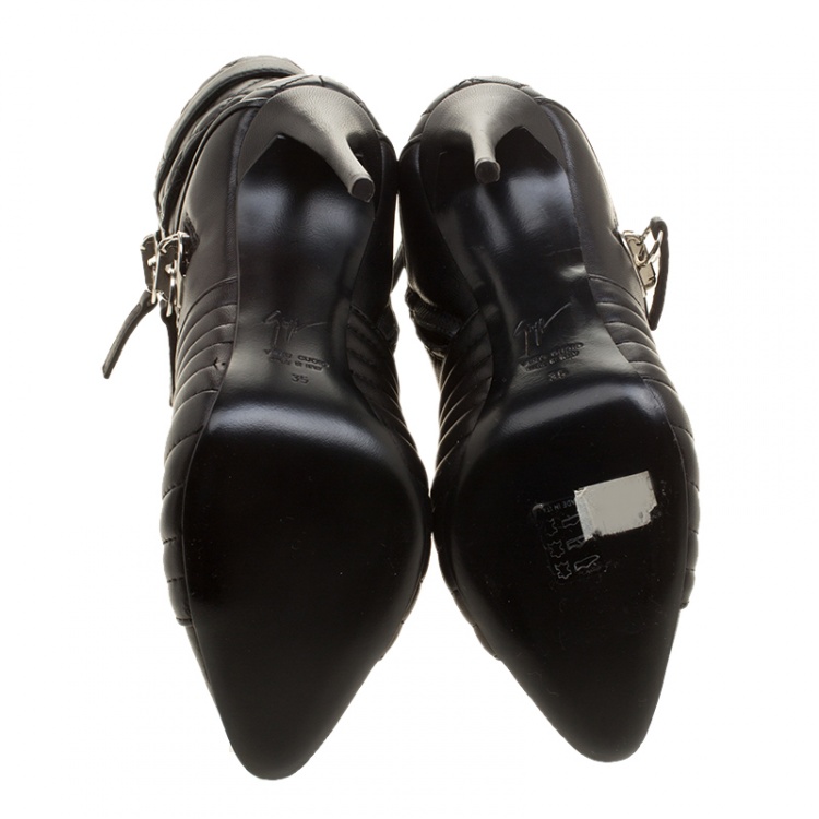 Pre Owned Giuseppe Zanotti Black Quilted Leather Double Zip Accent Boots Size 35