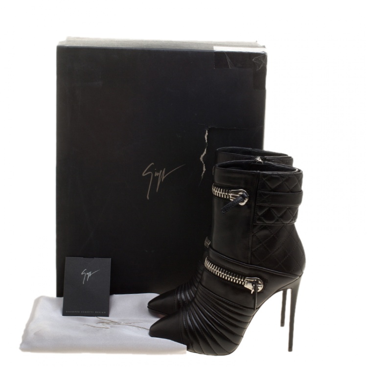Pre Owned Giuseppe Zanotti Black Quilted Leather Double Zip Accent Boots Size 35