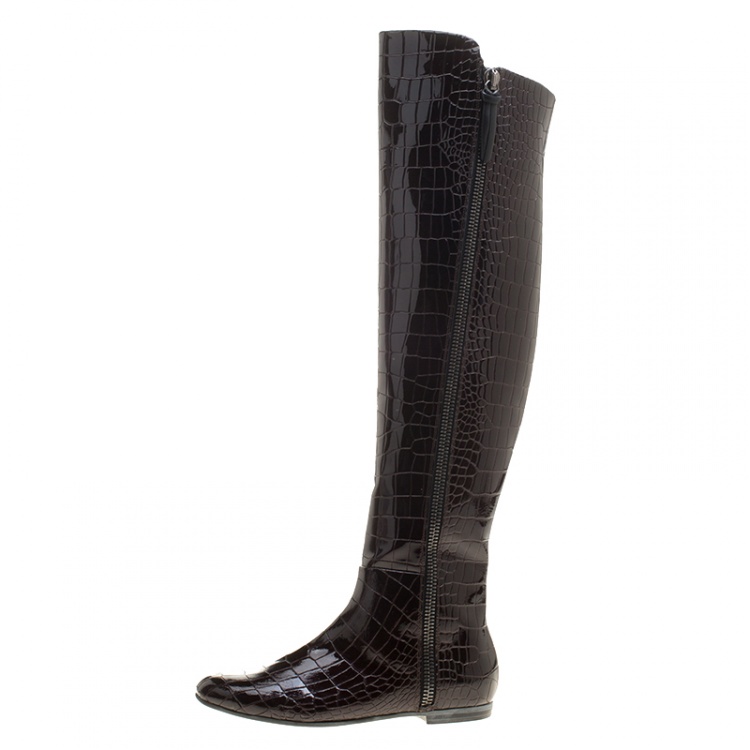 Pre Owned Giuseppe Zanotti Brown Croc Embossed Patent Ringotto Over the Knee Boots Size 36