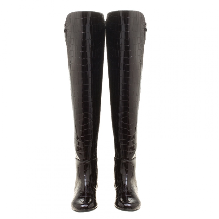 Pre Owned Giuseppe Zanotti Brown Croc Embossed Patent Ringotto Over the Knee Boots Size 36