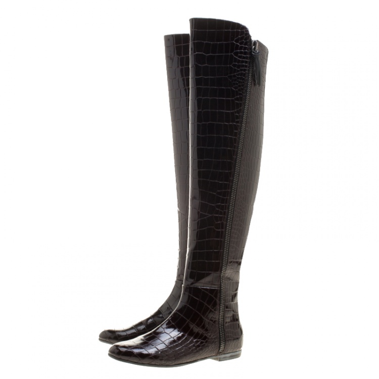 Pre Owned Giuseppe Zanotti Brown Croc Embossed Patent Ringotto Over the Knee Boots Size 36