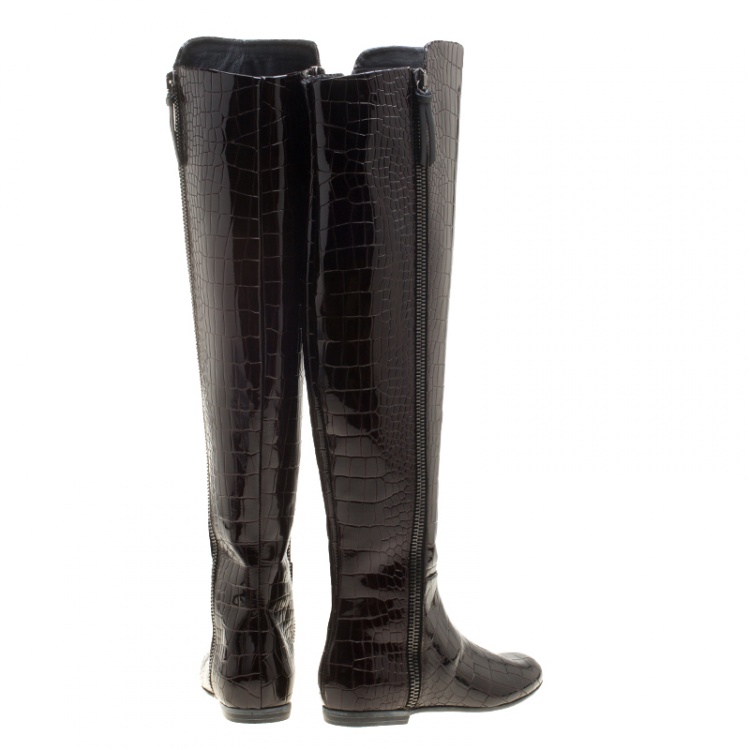Pre Owned Giuseppe Zanotti Brown Croc Embossed Patent Ringotto Over the Knee Boots Size 36