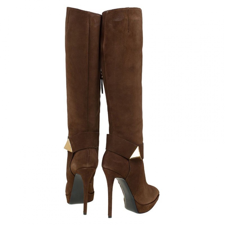 Pre Owned Giuseppe Zanotti Brown Suede Pyramid Stud Platform Knee Boots Size 38